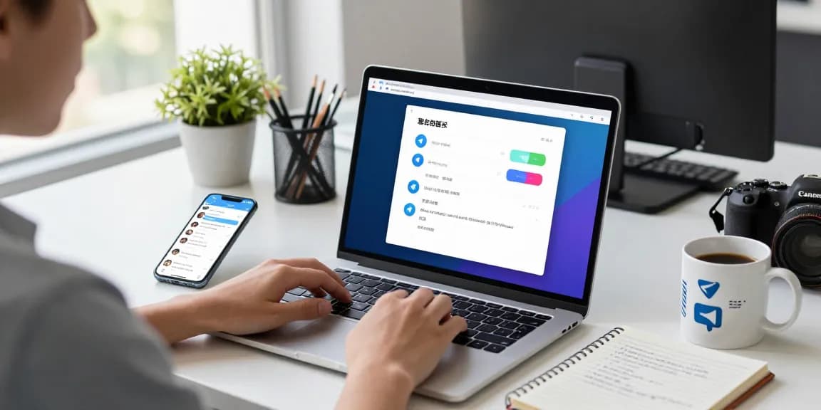 Setting up Telegram Chinese interface on a laptop in a modern workspace with tech elements.