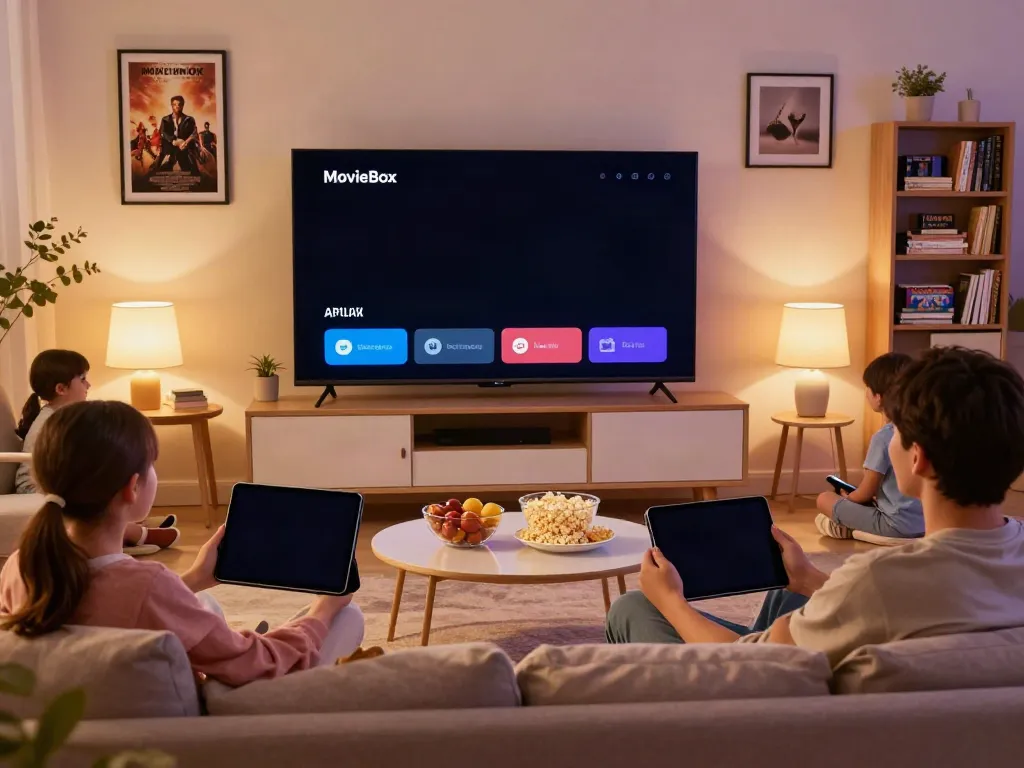 Family enjoying a movie night using MovieBox online on smart gadgets in a cozy living room.