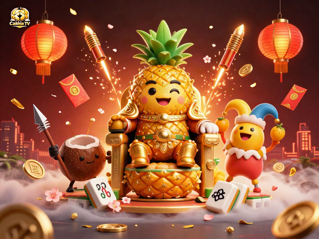 Cakhia TV showcases a vibrant beach casino scene with a golden pineapple king and gaming elements.