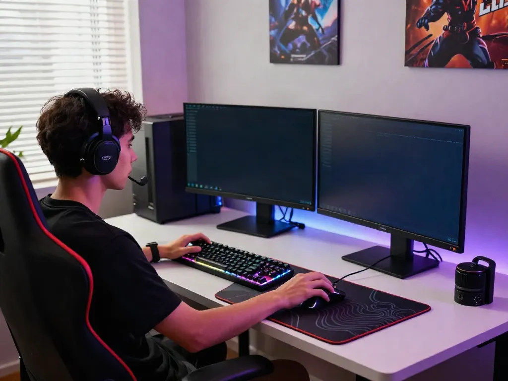 Gamer immersed in gameplay at a stylish gaming setup with rokok88 accessories and RGB lighting.