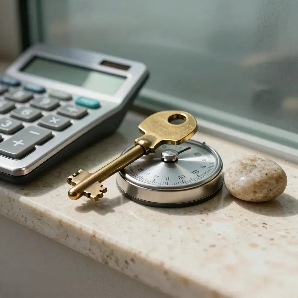Brass key, metal calculator, rate dial and stone weight on travertine