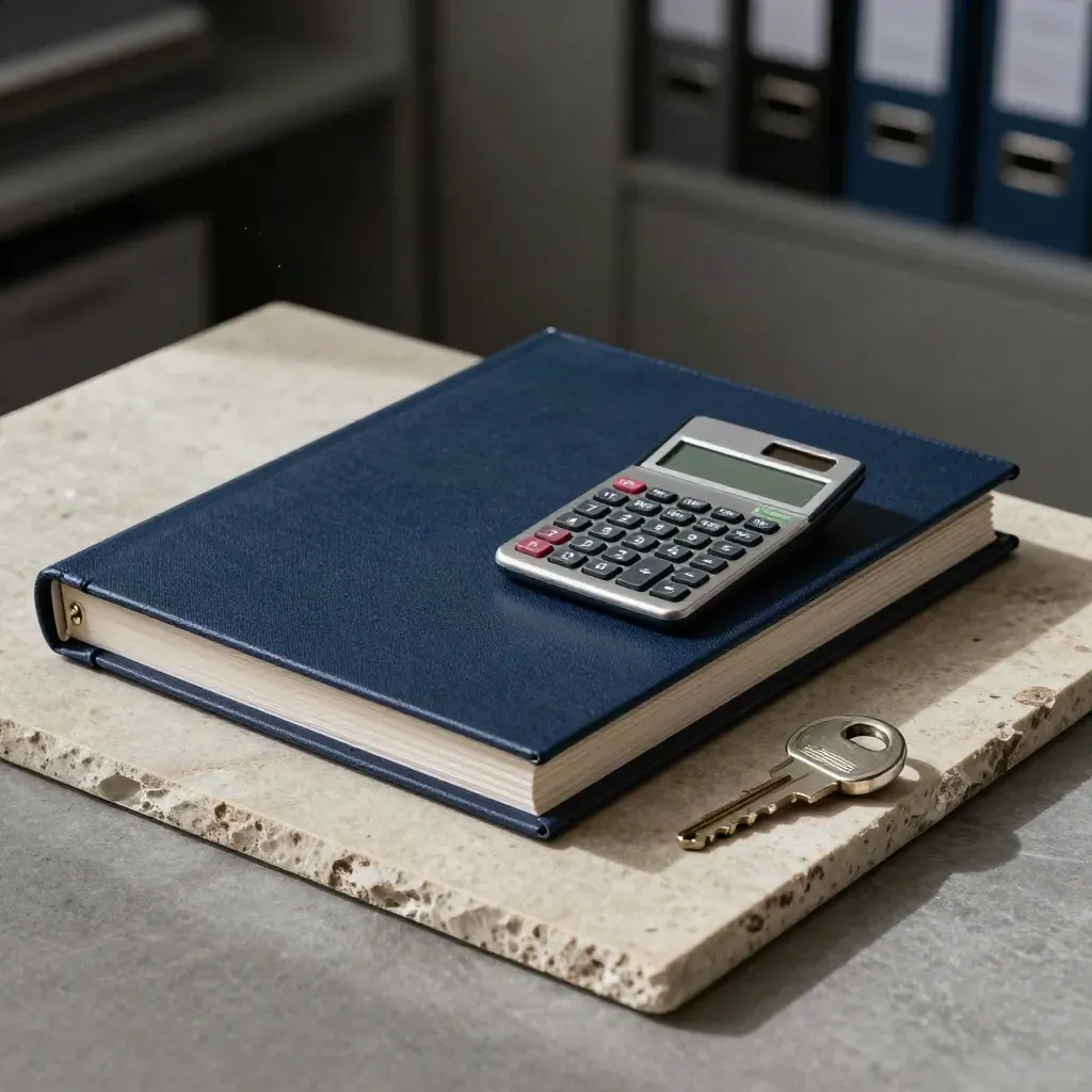 Closed navy binder, metal calculator, and door cylinder on stone in dramatic light.