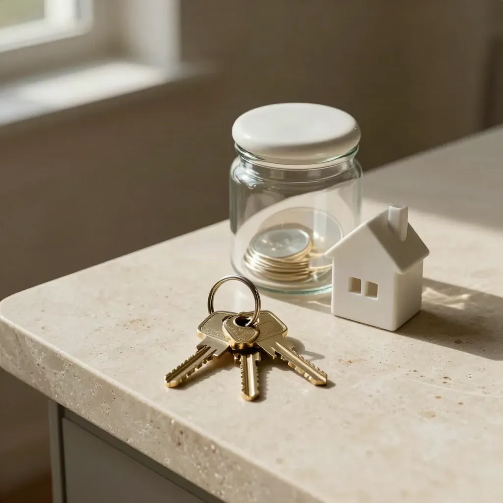 Brass keys, savings jar, and miniature house on pale stone in dramatic light.