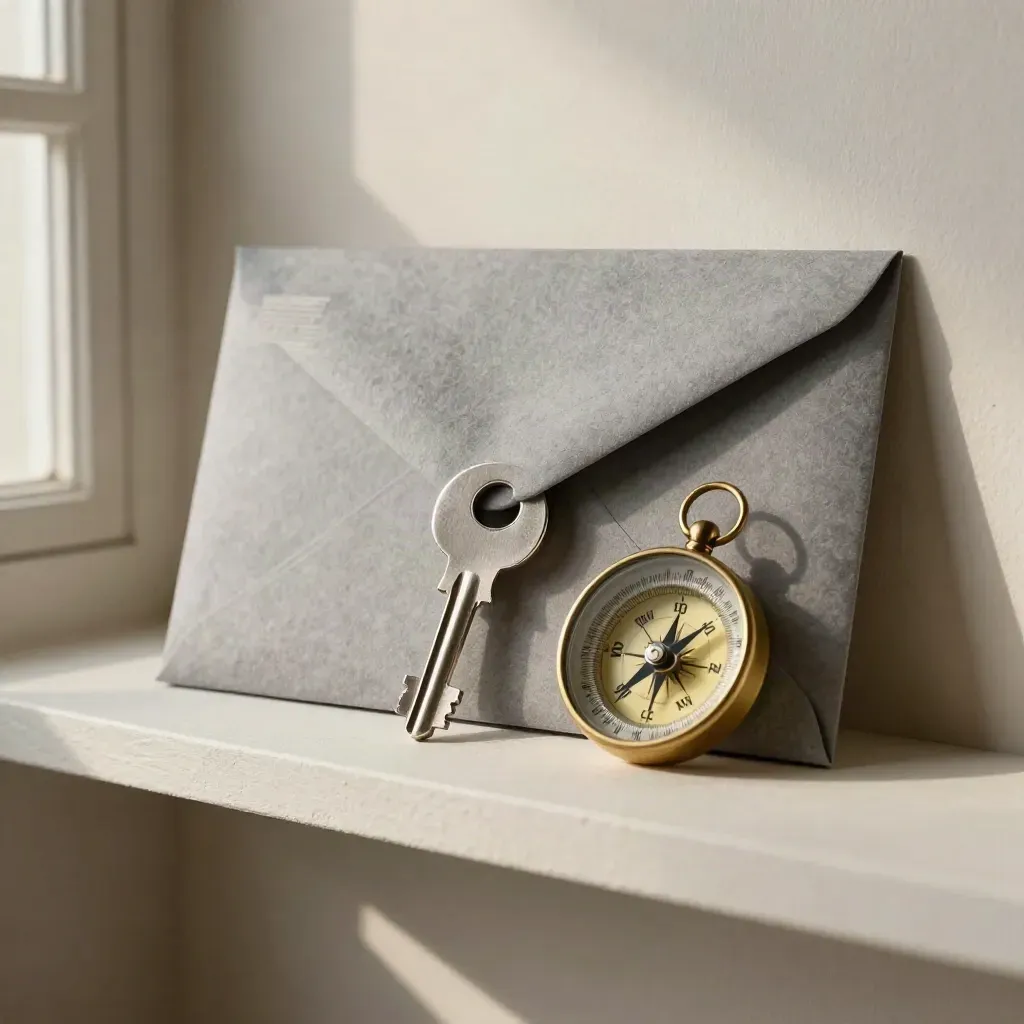 Envelope, house key and compass on a pale plaster shelf in soft side light.