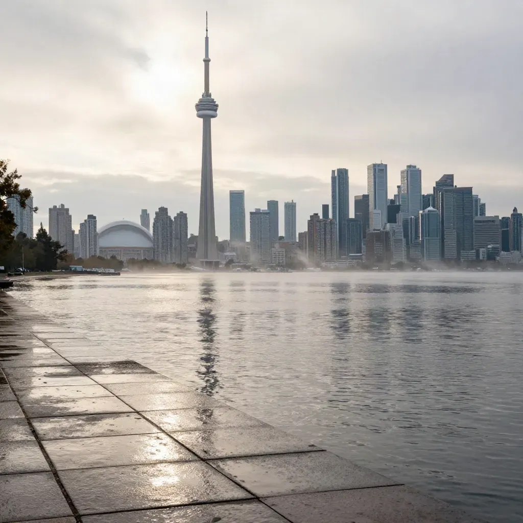 Toronto skyline at sunrise above Lake Ontario with mist and wet stone foreground