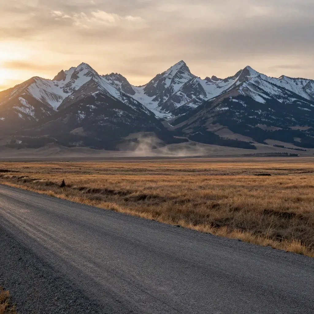Alberta prairie and Rockies at sunset with open calm foreground