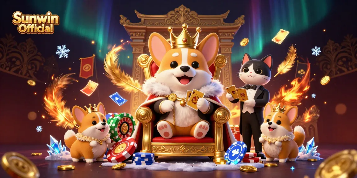 Experience the thrill of Sunwin Official with a royal corgi on a poker throne in this blended casino scene.